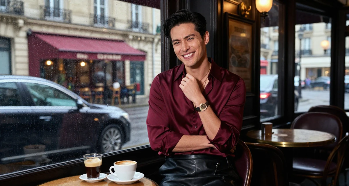 A bright and optimistic male From Chinese-speaking regions, studied mechanical design in their 24, fighting guilt when taking a single day off, wearing a burgundy silk blouse and black leather skirt, fiddling with a necklace in a cinema lobby.