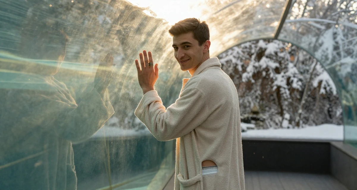 A relaxed and happy male From Azerbaijan, majored in petroleum engineering in their 25, balancing innocence and boldness in early shoots, wearing a soft cotton underwear set worn with an open robe, playing with a ring on a finger in a aquarium tunnel.