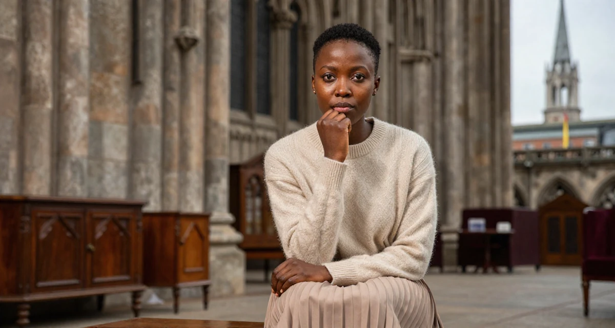 A determined Female From Nigeria, studied biomedical science in their 25, developing discipline through daily habits, wearing a soft cashmere sweater and a pleated midi skirt, biting the lower lip softly in a gothic cathedral interior.