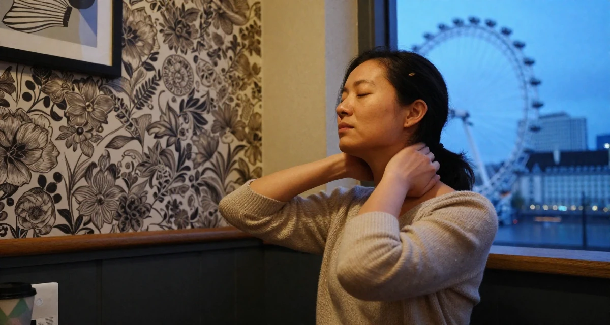 A content Female From Canada, based in Vancouver, graduated from an arts institute majoring in creative media in their 39, sharing meditation and stress-relief techniques, wearing a open-back sweater showing the spine, massaging the neck in a coffee shop corner.