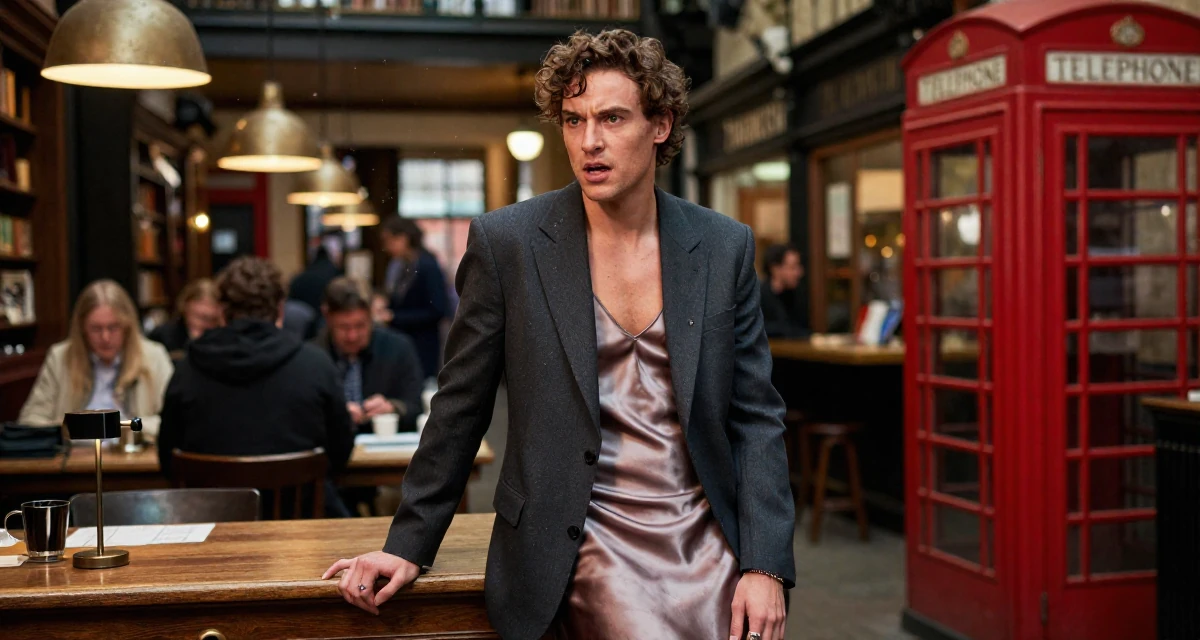 A anxious but excited male Raised in the UK, studied marketing strategy in their 32, managing high-stakes projects with calm, wearing a satin slip skirt paired with a structured blazer, playing with a ring in a bustling market.