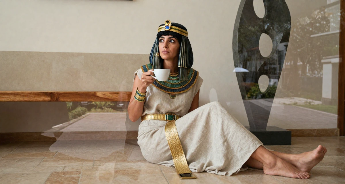 A curious and focused Female From Spain, majored in cultural management in their 44, building a second stream of passive income, wearing a egyptian queen costume with gold collar and linen, holding a cup of coffee in a home interior.