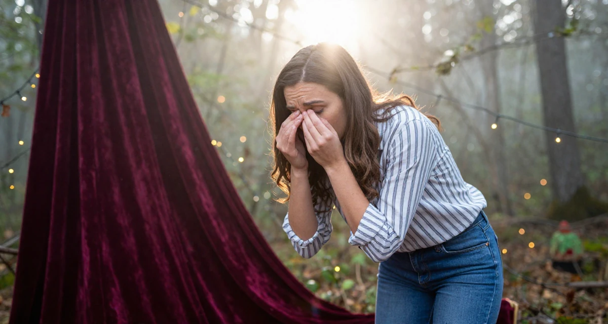 A fragile Female Raised in Romania, studied entertainment marketing in their 32, newly married and adjusting to shared finances, wearing a classic striped shirt and jeans, rubbing eyes in a dense misty forest.