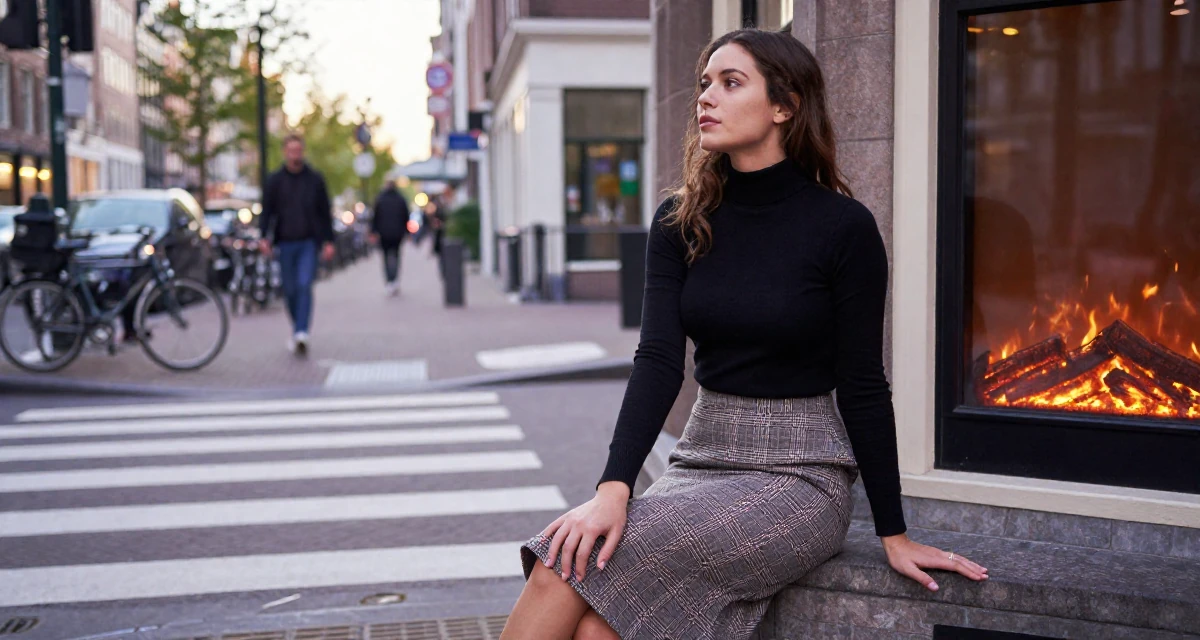 A dreamy Female Former martial-arts trainee, now producing athletic creator content in their 21, exploring the city nightlife until sunrise, wearing a classic black turtleneck tucked into a plaid midi skirt, stepping onto a curb in a busy crosswalk.