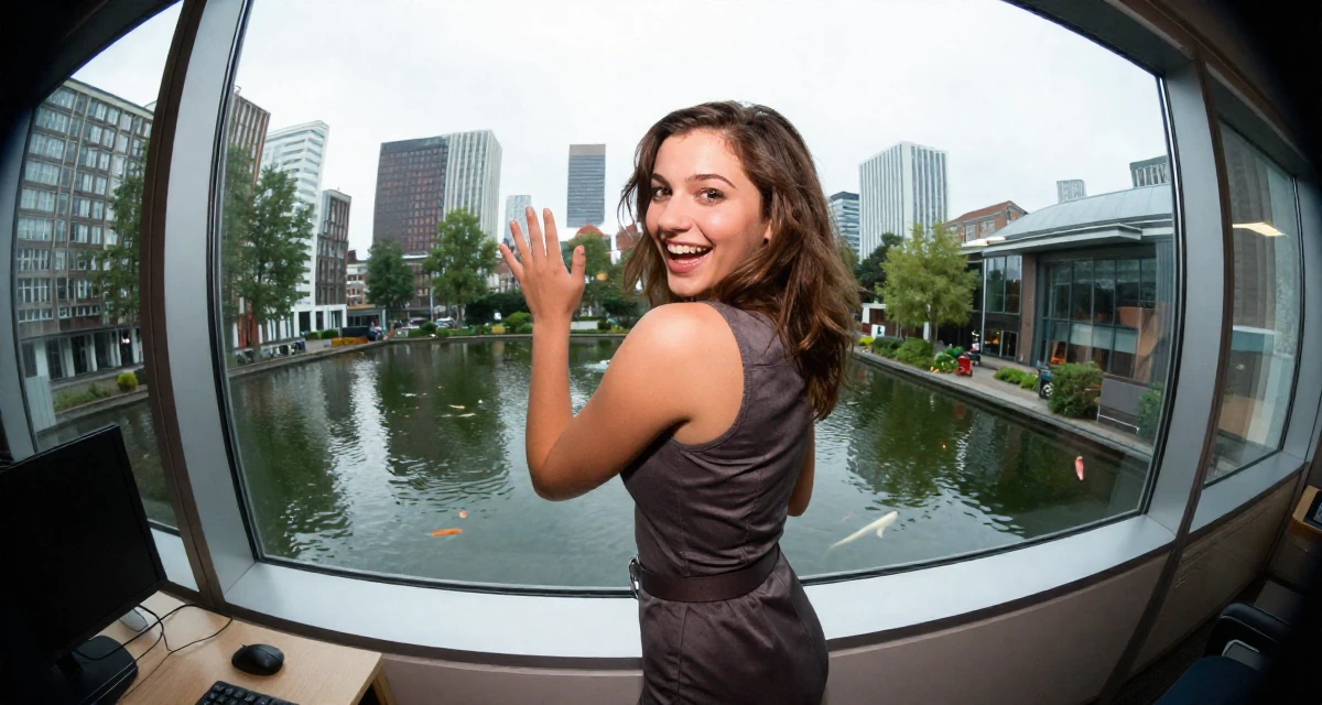 A joyful Female From Netherlands, studied digital media and interaction design in their 25, balancing innocence and boldness in early shoots, wearing a fitted sleeveless shift dress with a belt, checking a reflection in a window in a office workspace.