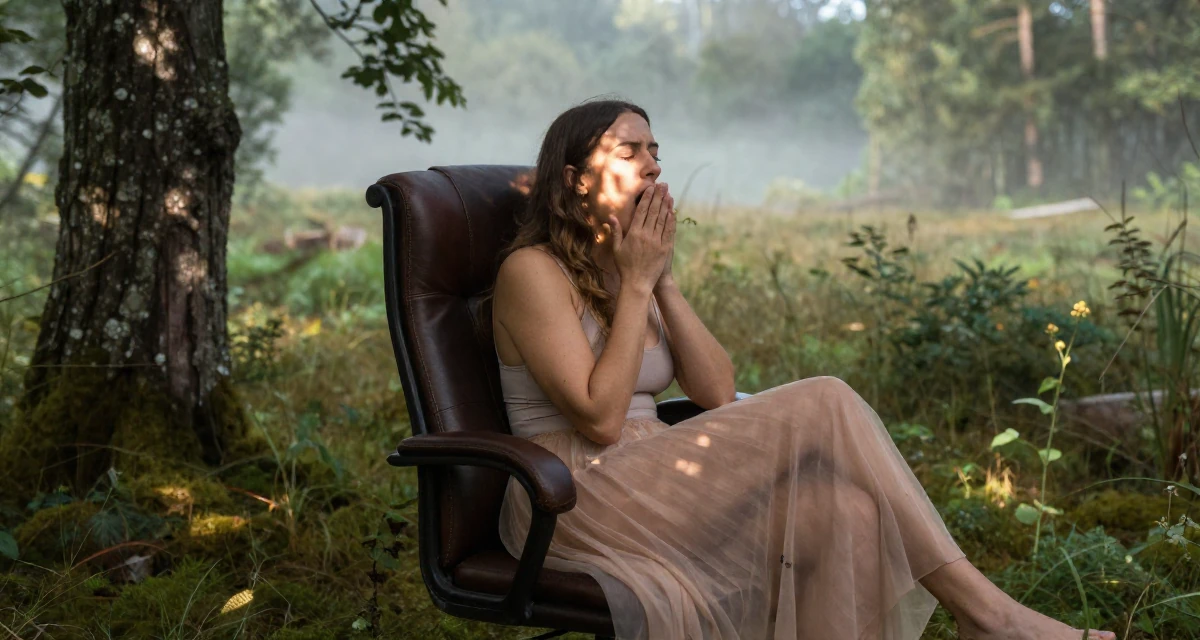 A carefree Female Born in Norway, majored in consumer psychology in their 24, feeling a quarter-life crisis approaching, wearing a sheer maxi skirt with a bodysuit underneath, yawning discreetly in a magical forest clearing.