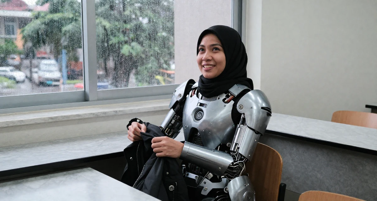 A glowing Female From Johor Malaysia, studied early childhood education in their 37, embracing the chaos of family life with humor, wearing a futuristic android body armor with exposed mechanical parts, putting on a jacket in a lecture hall.