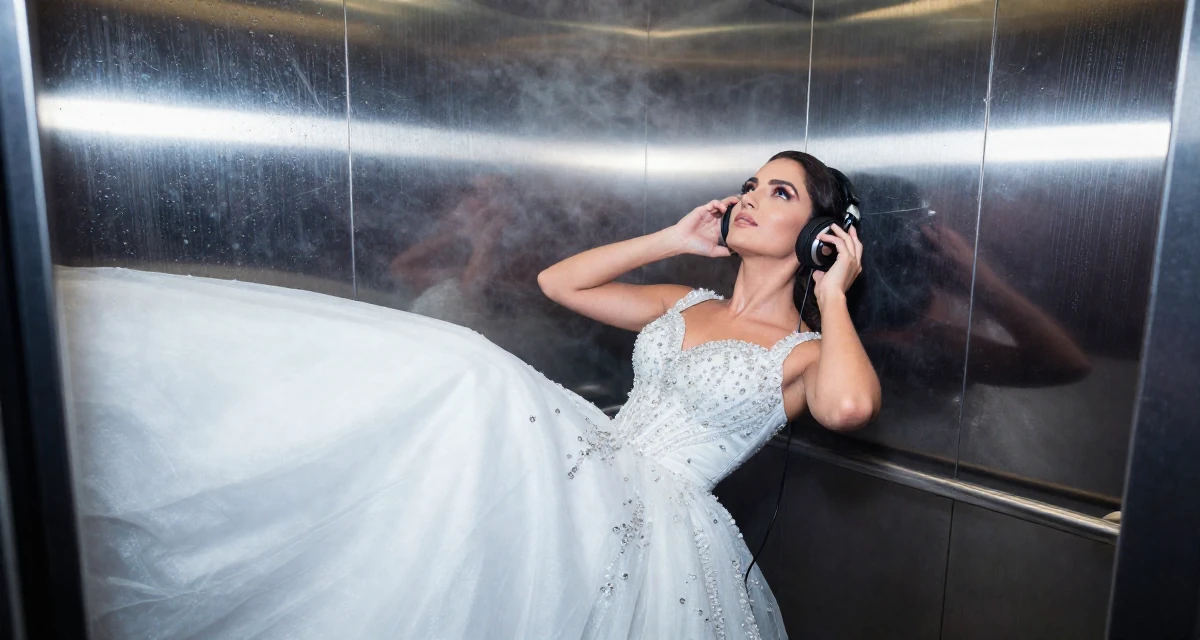 A sophisticated Female From Brazil, studied fashion merchandising in their 40, starting a second business venture, wearing a snow queen gown with ice crystal details, adjusting headphones in a elevator hall.