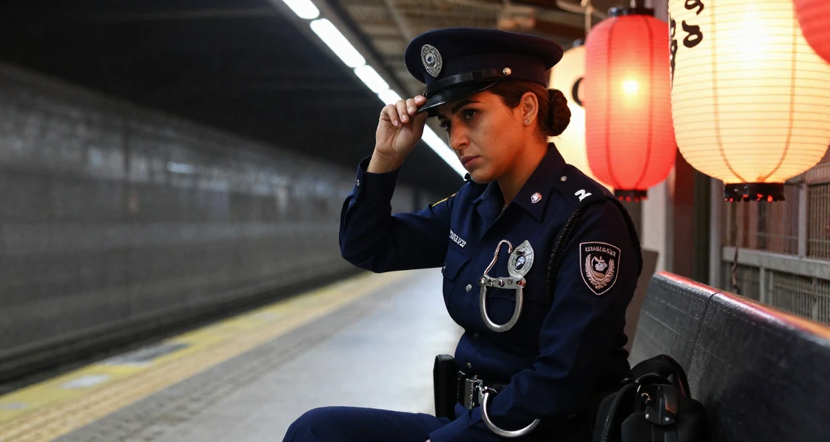 A worried Female From Libya, studied marine engineering in their 40, focusing on legacy and long-term wealth, wearing a police officer uniform with a badge and handcuffs, tipping a hat in a subway platform.
