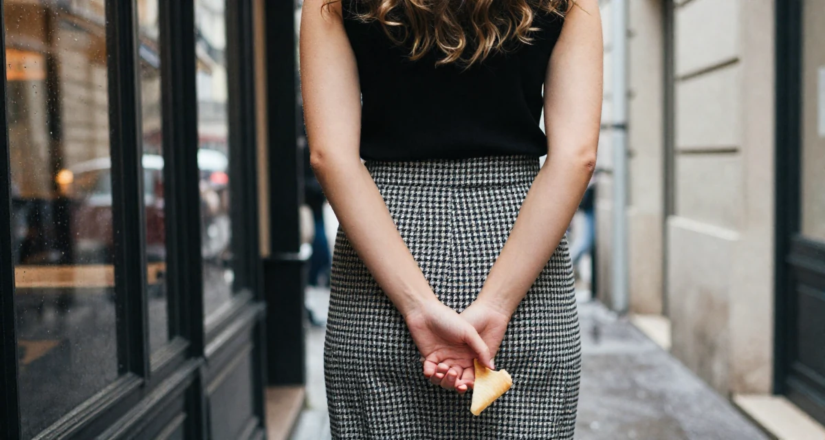 A gentle Female From Spain, majored in public relations and advertising in their 24, looking for meaning beyond the paycheck, wearing a houndstooth pattern skirt and black top, holding a snack in a narrow hallway.