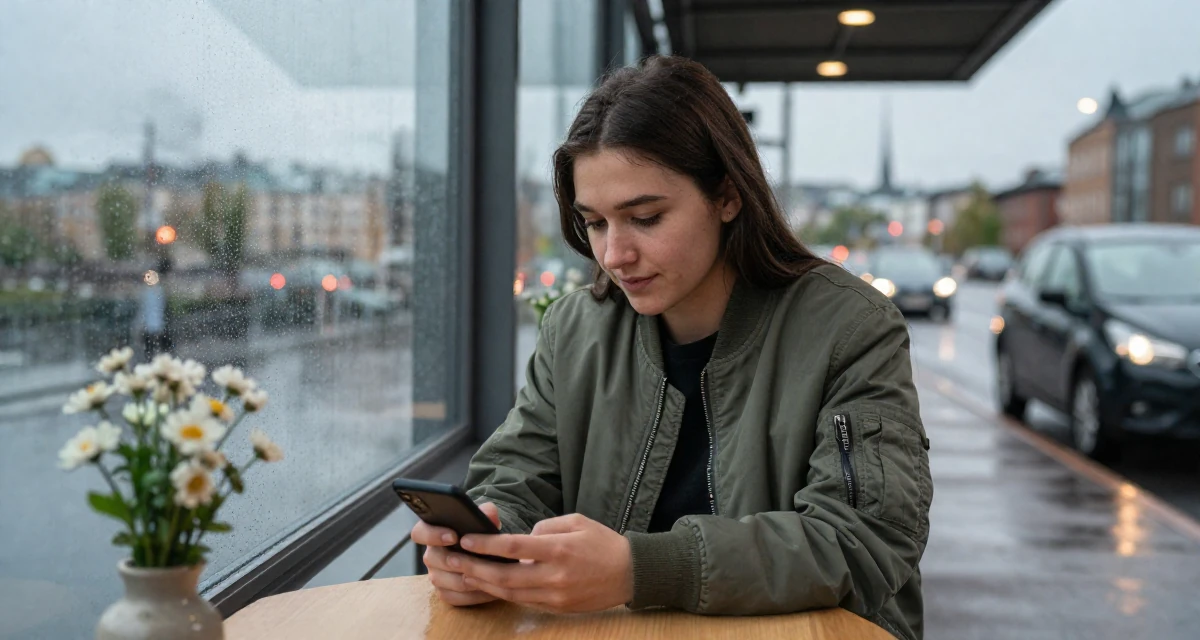 A reassured Female From Oslo Norway, learned sensual choreography through contemporary dance in their 25, starting college life away from home, wearing a classic bomber jacket style, scrolling casually in a bridge walkway.