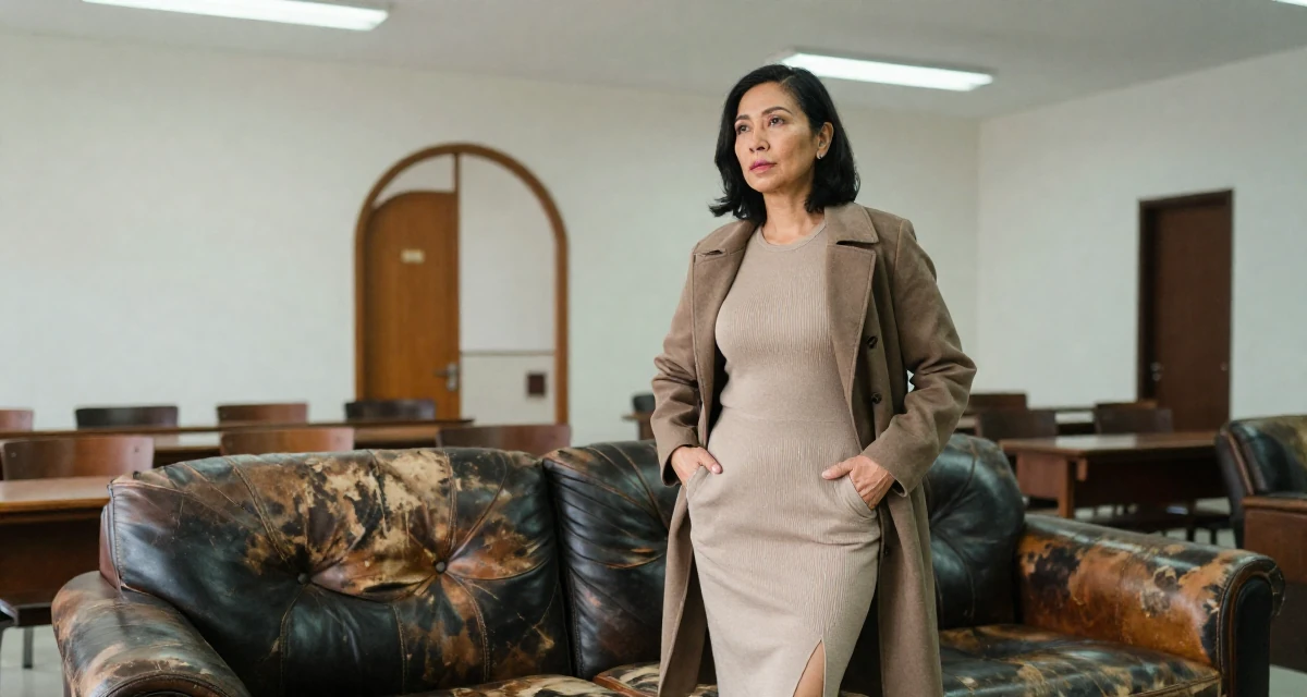 A alluring Female From Kuala Lumpur Malaysia, self-taught content creator specializing in color grading in their 40, supporting aging parents, wearing a fitted knit dress with a side slit, unbuttoning a coat in a classroom setting.