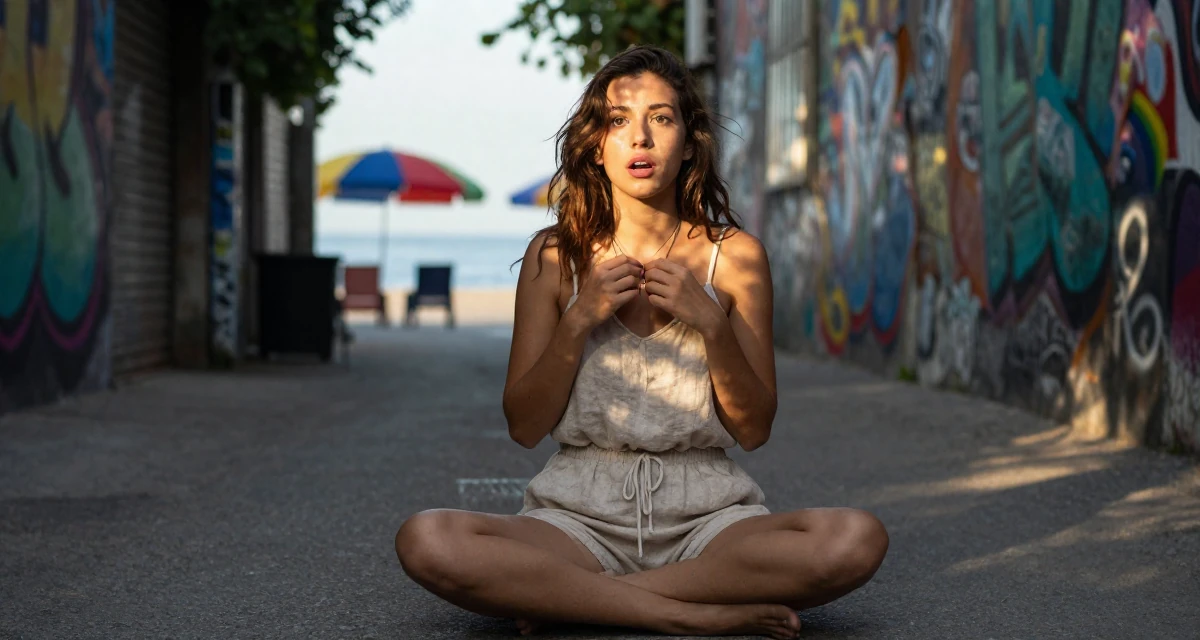 A awestruck Female Once a junior bar worker, now a nightlife-themed creator in their 21, exploring the city nightlife until sunrise, wearing a short romper made of soft linen fabric, fiddling with a necklace in a quiet alleyway.