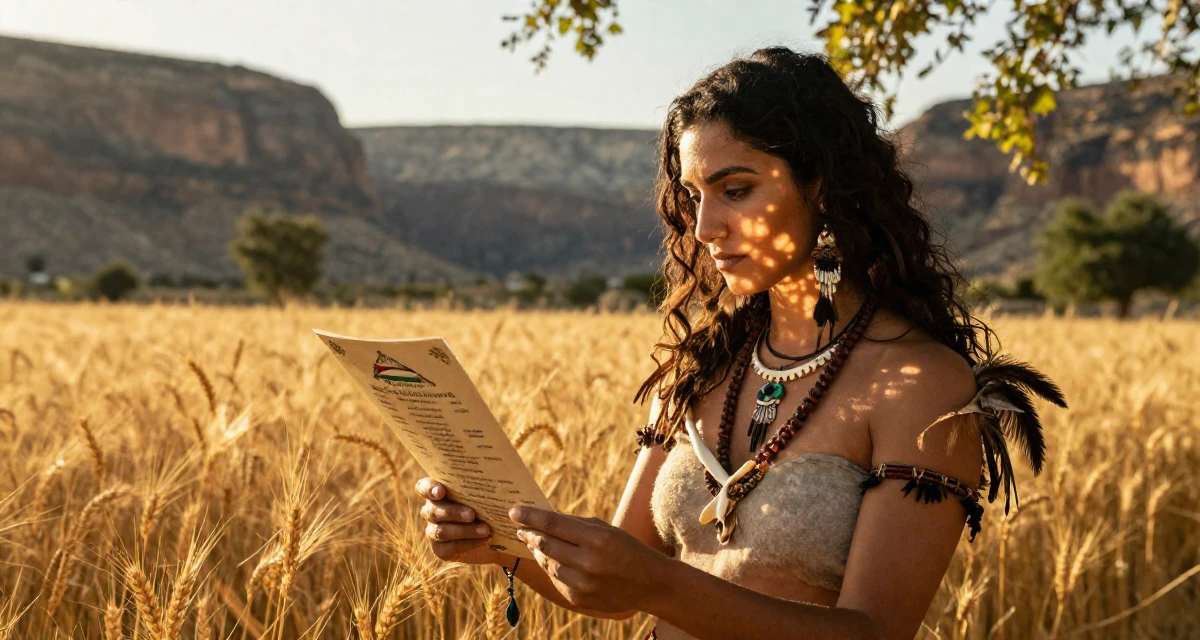 A mysterious Female From Palestine, studied community development in their 39, prioritizing quality over quantity in life, wearing a tribal shaman outfit with feathers and bones, looking at a menu in a golden wheat field.