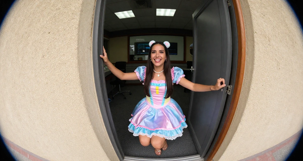 A joyful Female From Ecuador, studied system engineering in their 53, dealing with declining energy levels, wearing a candy-themed magical girl dress with pastel colors, pushing a door open in a radio station.
