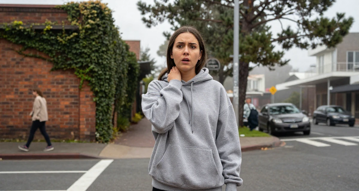 A stunned Female Grew up in Australia, majored in digital communication in their 22, learning that fans disappear as fast as they come, wearing a trendy oversized hoodie, massaging the neck in a busy intersection.