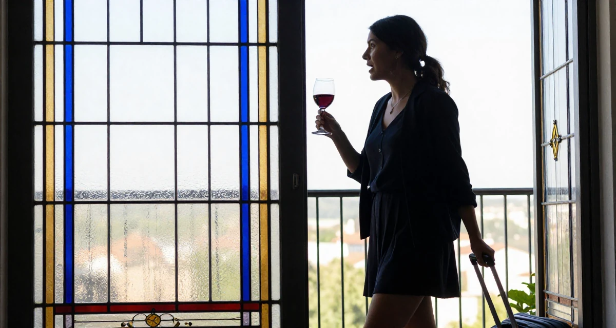 A energetic Female From Austria, majored in music theory in their 25, learning to deal with unsolicited feedback online, wearing a dark academia inspired outfit, polling a luggage handle in a luxury penthouse balcony.