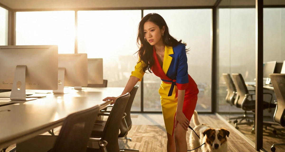 A troubled Female From China, majored in journalism in their 22, transitioning to more confident, sensual poses, wearing a bold color-block outfit, walking a dog (leash visible) in a glass-walled conference room.