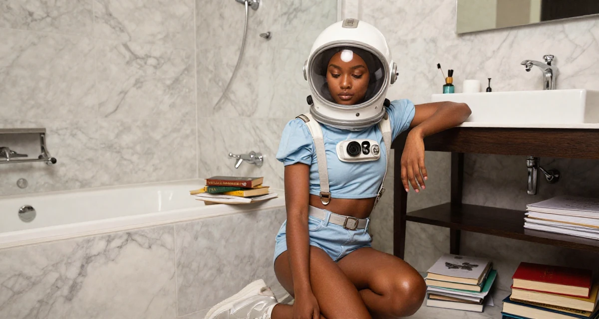 A calmly observant Female From Zambia, majored in marketing communication in their 24, learning to prioritize emotional well-being, wearing a retro sci-fi space girl outfit with a bubble helmet, looking down at the ground shyly in a marble bathroom with a tub.