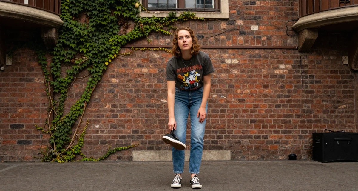 A nostalgic Female From the Netherlands, studied user experience design in their 22, sacrificing weekends for content planning, wearing a laid-back graphic tee and jeans, dangling a shoe from one foot in a concert hall.