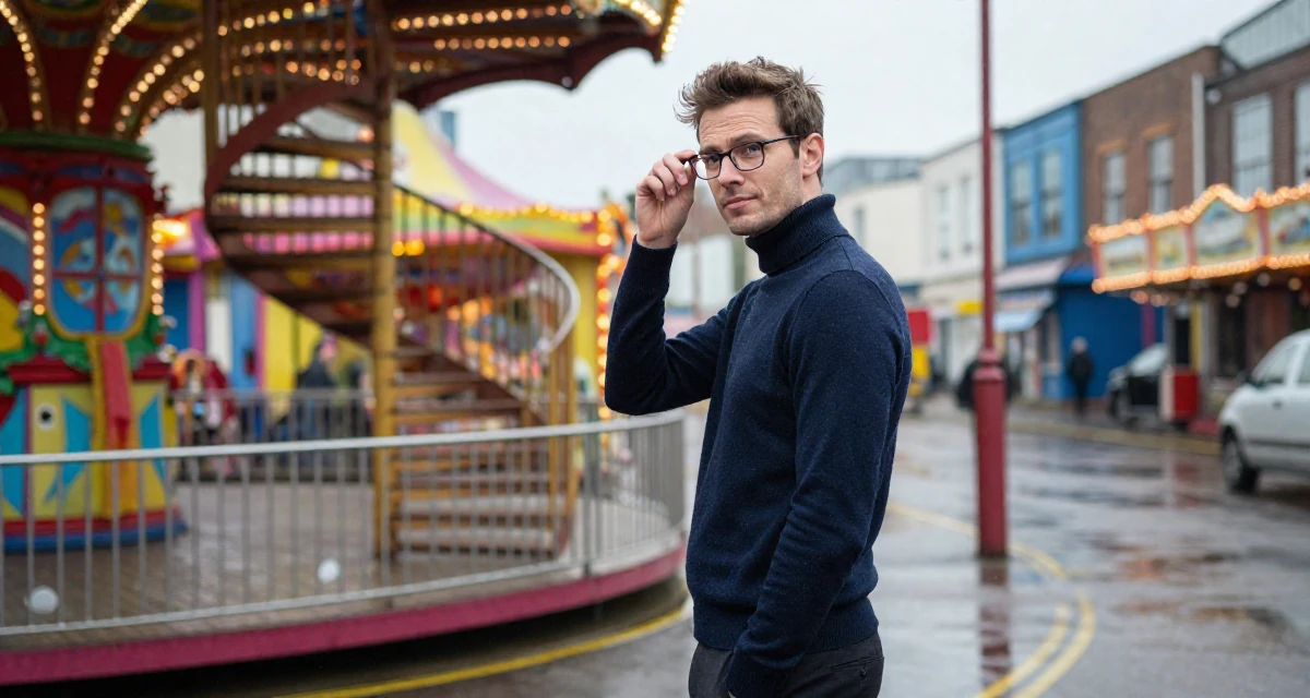 A content male From England, studied film and television in their 29, preparing for the transition into the 30s, wearing a sophisticated turtleneck and trousers, adjusting glasses in a carnival with rides.