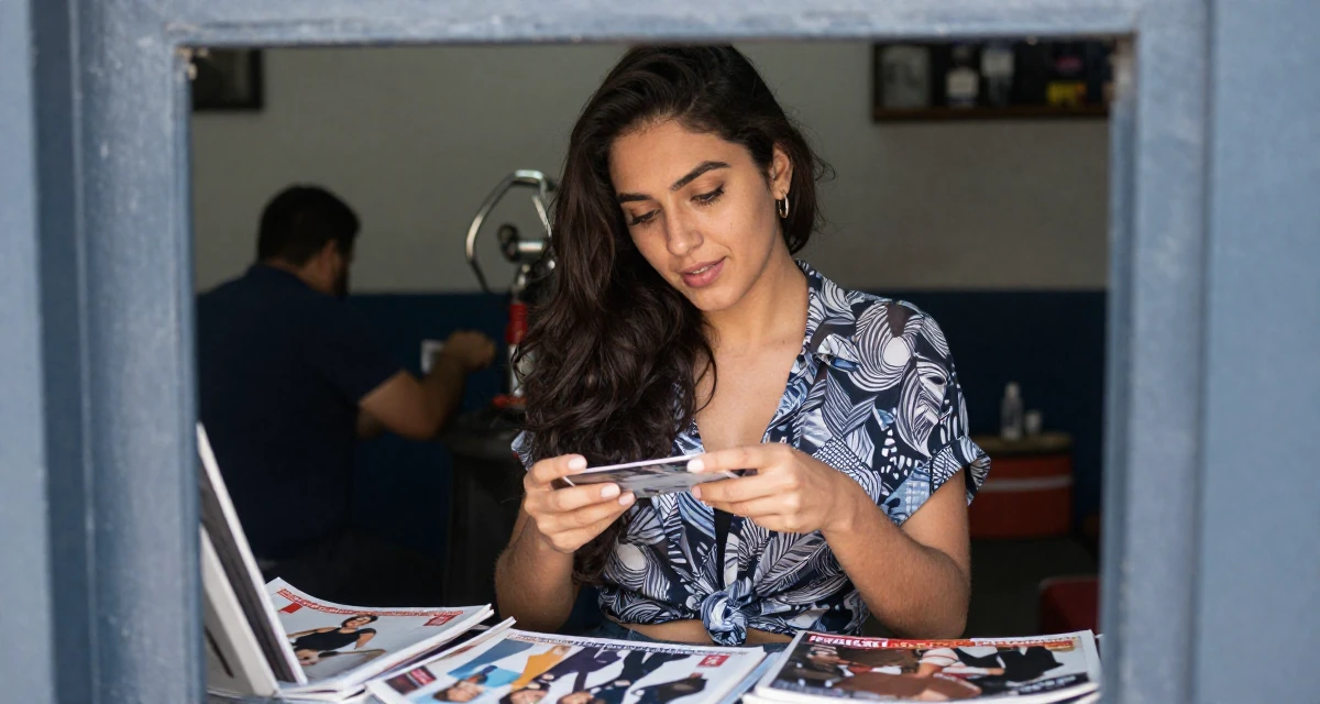 A charismatic Female From Chile, based in Valparaíso, graduated from a local institute majoring in multimedia journalism in their 22, mastering the art of subtle teasing through framing, wearing a relaxed fit patterned shirt, inspecting an object in a mechanic garage.