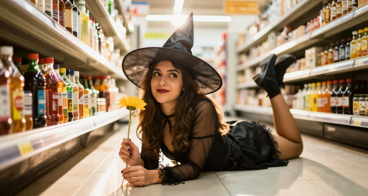 A witty Female From Argentina, based in Rosario, graduated from a national university majoring in audiovisual production in their 37, sharing tips for successful networking, wearing a classic witch costume with a wide-brimmed hat, holding a single flower in a supermarket aisle.