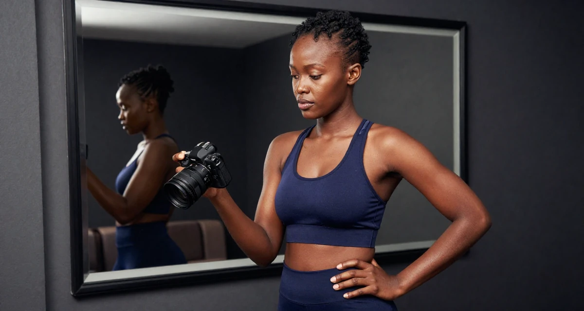 A reserved Female Raised in Kenya, studied digital entrepreneurship in their 23, refining seductive expression through skilled camera work, wearing a fitted athletic wear, inspecting an object in a cinema entrance.