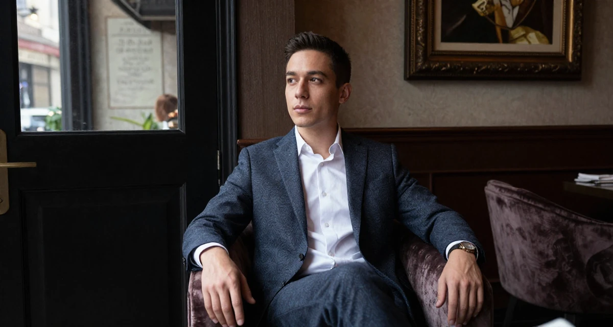 A timid male From USA, majored in communications at a state university in their 28, cultivating a sophisticated taste in art, wearing a refined casual Friday look, leaning against a door in a high-end restaurant.