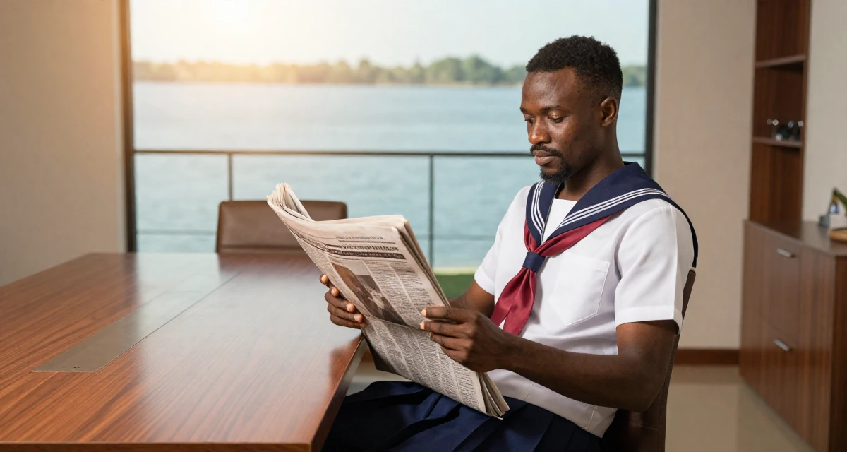 A reflective male From Nigeria, studied biomedical science in their 25, setting long-term goals for subscriptions and renewals, wearing a Japanese school sailor uniform (seifuku) with a pleated skirt, holding a newspaper in a modern apartment.
