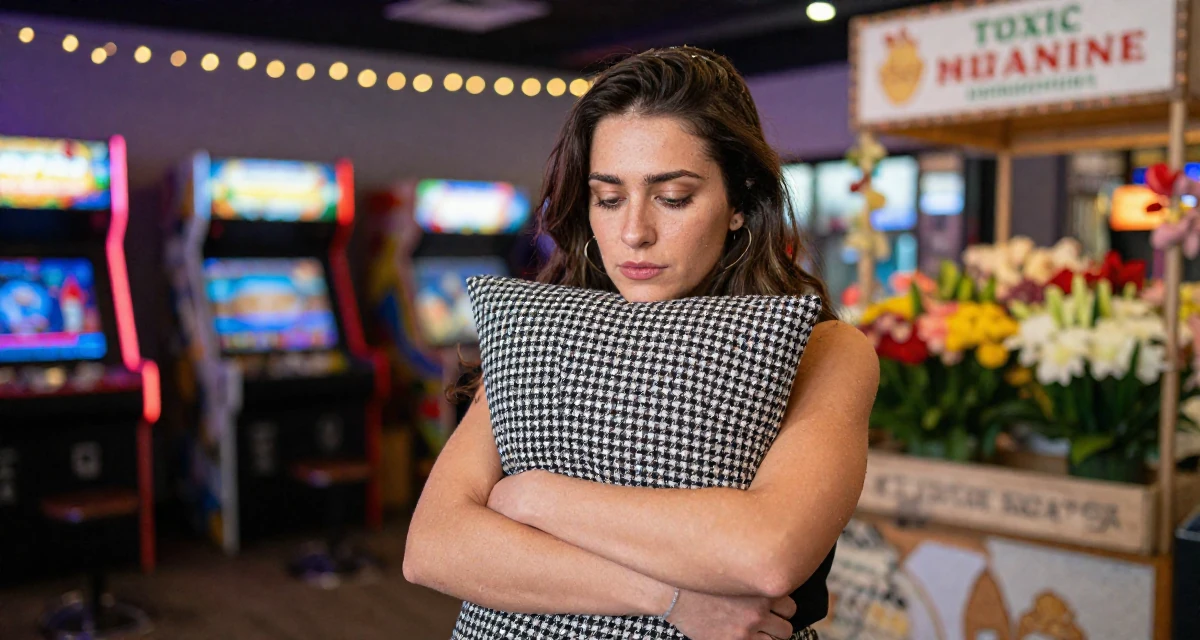 A bewitching Female From Canada, trained in culinary arts in their 24, cutting off toxic relationships without guilt, wearing a houndstooth pattern skirt and black top, hugging a pillow or cushion in a arcade room with neon lights.