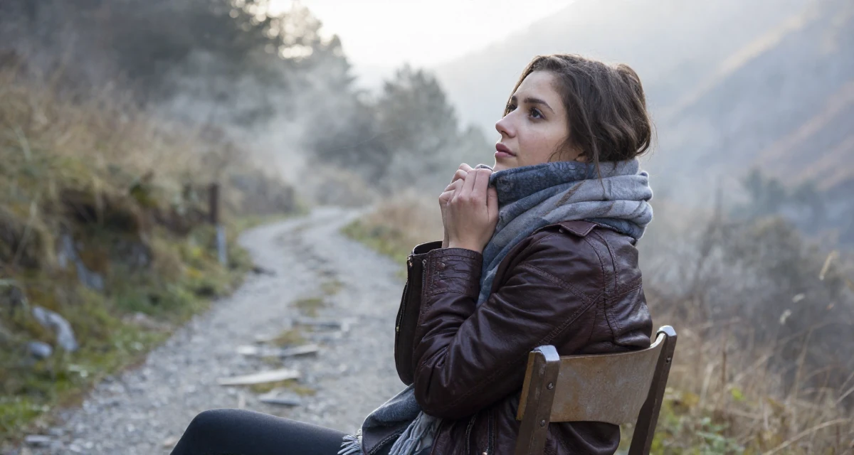 A ethereal Female Raised in Canada, majored in fine arts in their 24, starting to feel comfortable in their own skin, wearing a vintage-inspired leather jacket look, wrapping a scarf around the neck in a mountain trail.