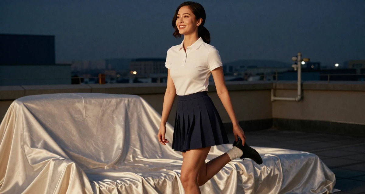 A bright and optimistic Female Former firefighter trainee, now producing strength-based content in their 25, developing early financial habits, wearing a short pleated skirt and a tight polo shirt, pulling up a sock in a rooftop garden.