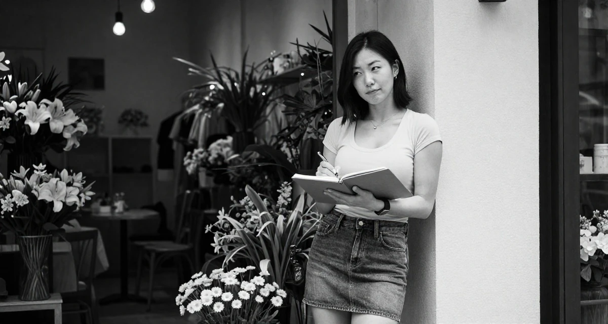 A cheeky Female From Seoul South Korea, studied K-style beauty and content editing in their 48, fitness instructor focused on mobility and strength, wearing a fitted scoop neck tee and a denim mini skirt, writing in a notebook in a flower shop entrance.