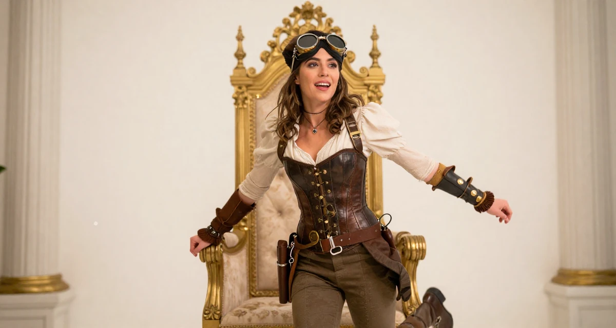 A inspired Female Former Uber driver, now building slow-burn lifestyle storytelling in their 44, proud of professional achievements and growth, wearing a steampunk adventurer outfit with a corset and goggles, pausing mid-step in a royal palace throne room.