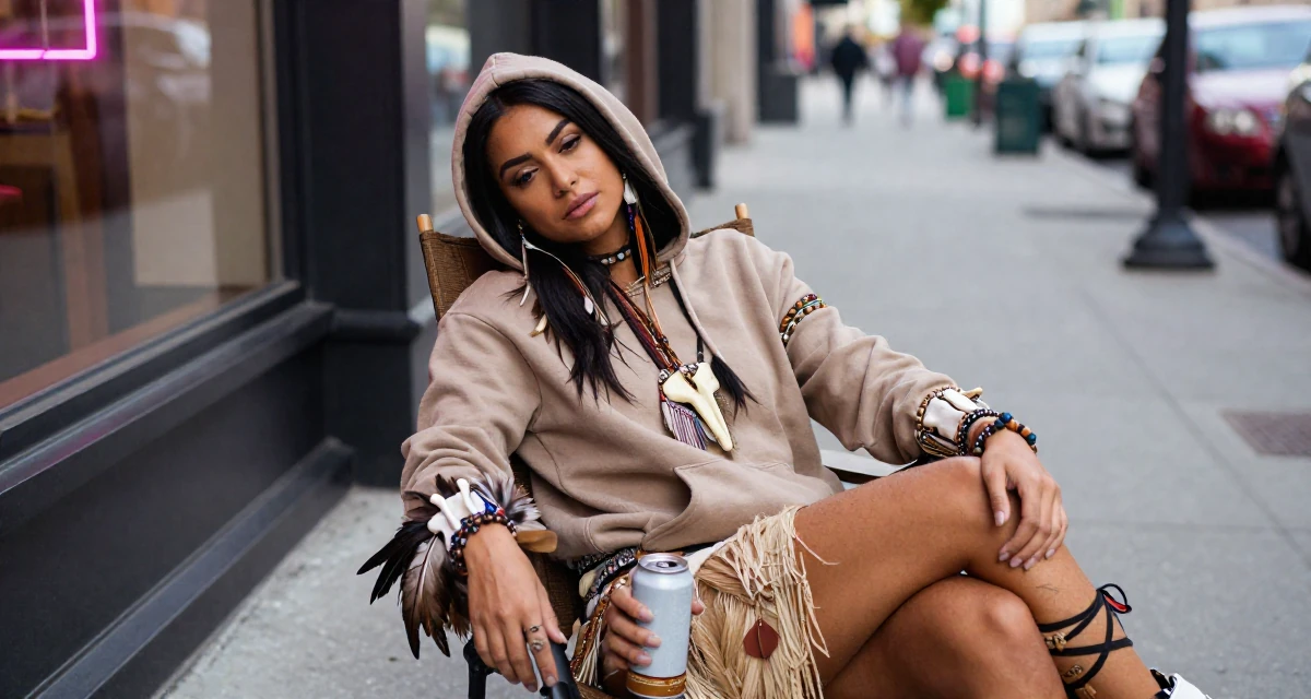A commanding Female Previously a travel-blog student, now turning trips into premium creator content in their 20, wearing a hoodie and looking sleep-deprived, wearing a tribal shaman outfit with feathers and bones, holding a beverage can in a city sidewalk.