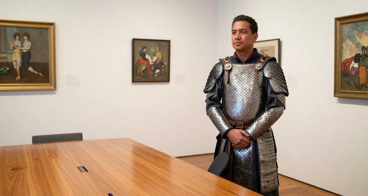 A dignified male From Australia, has a diploma in business administration in their 36, building a community for working moms, wearing a dragon scale armor texture with metallic sheen, crossing legs in a art gallery.