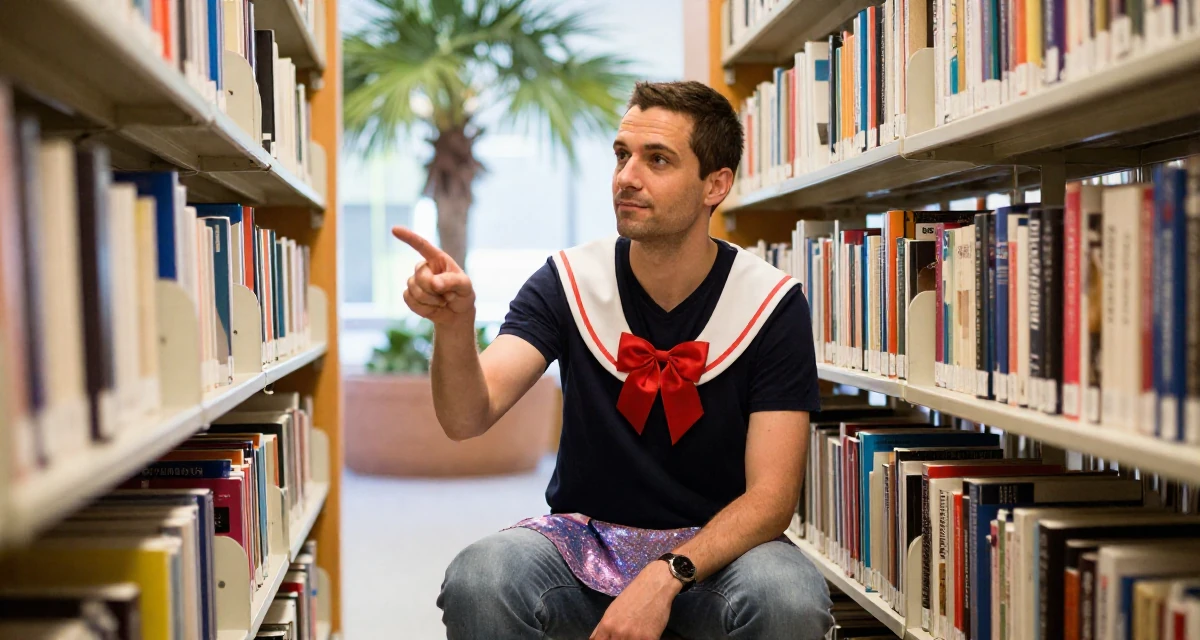 A calm and confident male From Switzerland, based in Geneva, graduated from a local university majoring in communication management in their 47, expert in navigating difficult conversations, wearing a magical girl anime costume with a sparkly short skirt, pointing at something distant in a library aisle.