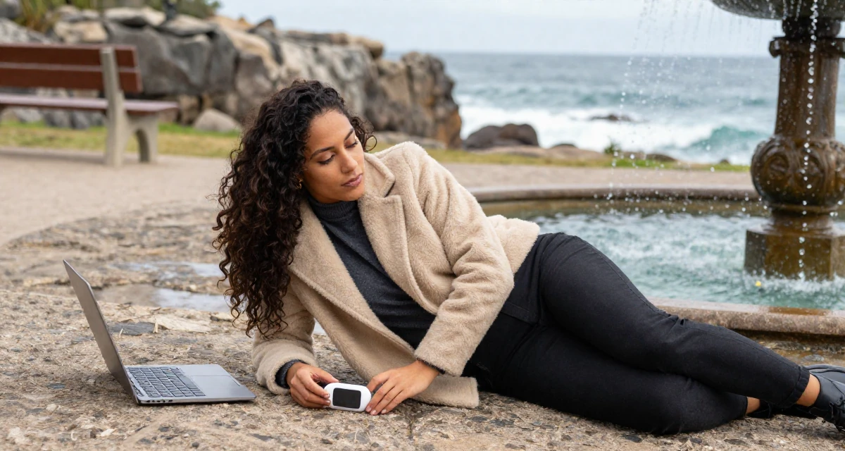 A bold and charismatic Female From Brazil, studied software engineering in their 25, confident enough to wear what they truly like, wearing a warm winter layered look, examining a product in a rocky ocean cliff.