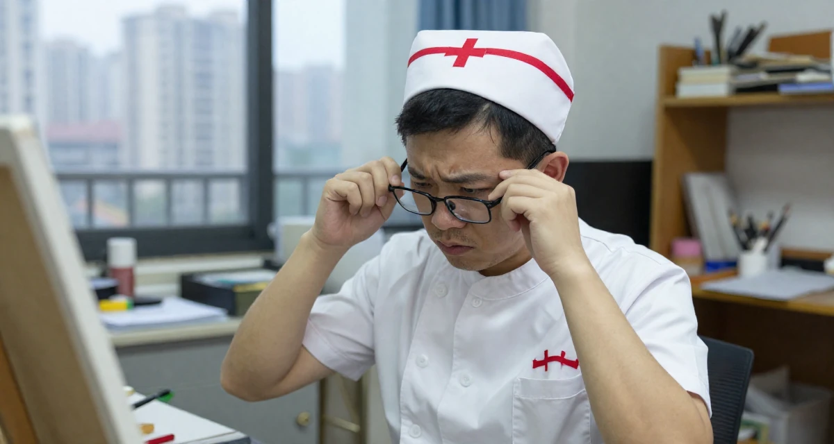 A worried male From China, majored in journalism in their 25, forming independent opinions and values, wearing a nurse cosplay uniform with a stylized cap, pushing glasses up the nose in a messy artist studio.