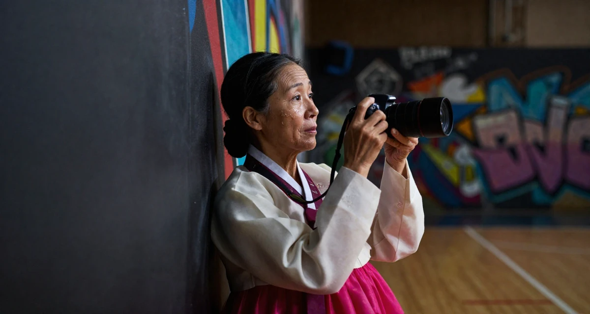 A curious and focused Female From UK, has a background in english literature and theatre in their 44, sharing high-end skincare routines for aging, wearing a traditional hanbok modified for a modern look, holding a camera ready to shoot in a basketball court.