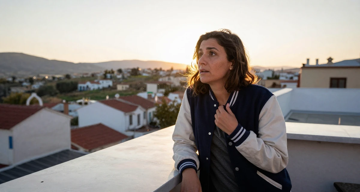 A awestruck Female From Greece, studied philology in their 45, sharing the beauty of a quiet rural life, wearing a casual varsity jacket look, gripping a lapel in a rooftop terrace at sunset.