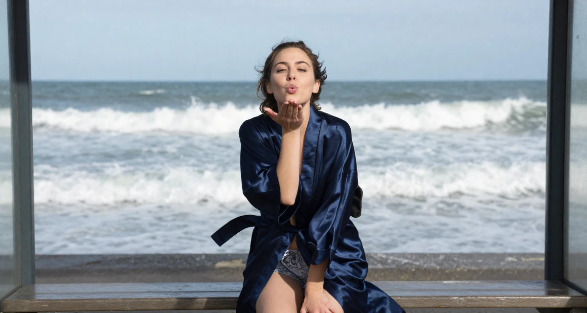 A charming Female From UK, has a background in history and archaeology in their 25, developing discipline through daily habits, wearing a silky kimono robe worn open over loungewear, blowing a kiss in a bus stop.