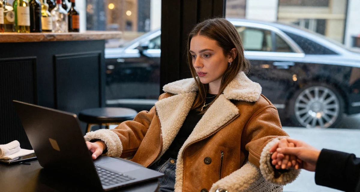 A ethereal Female Previously a bartender, now expressing nightlife energy through content in their 26, sacrificing social life for editing deadlines, wearing a warm shearling jacket, holding hands with someone unseen in a luxury spa room.