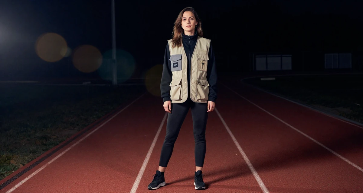 A placid Female From Canada, trained in culinary arts in their 25, over the drama of early 20s nightlife, wearing a urban explorer utility vest look, shivering slightly in a running track.