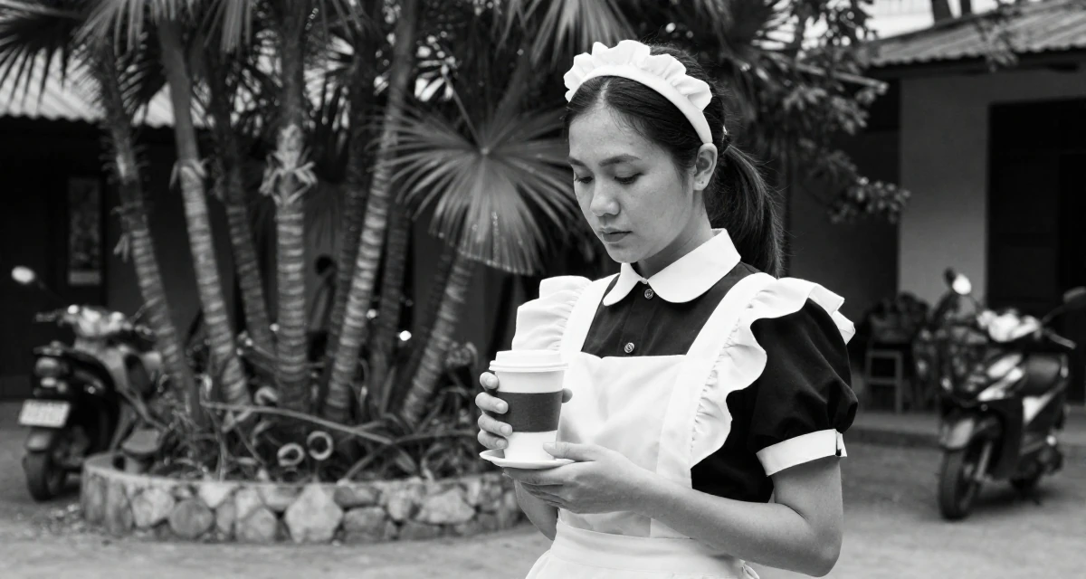 A dignified Female From Hanoi Vietnam, holds a degree in economics in their 25, shaping long-term career direction, wearing a maid outfit with a white apron and ruffled headband, holding a cup of coffee in a backyard garden.