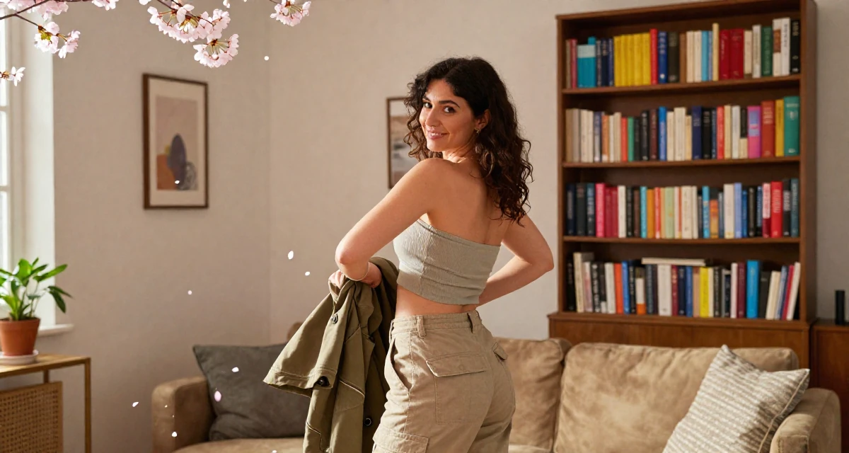 A warmhearted Female From Barcelona Spain, trained in creative directing for personal content in their 28, recovering from a failed startup, wearing a strapless tube top and cargo pants, putting on a jacket in a sunlit living room.