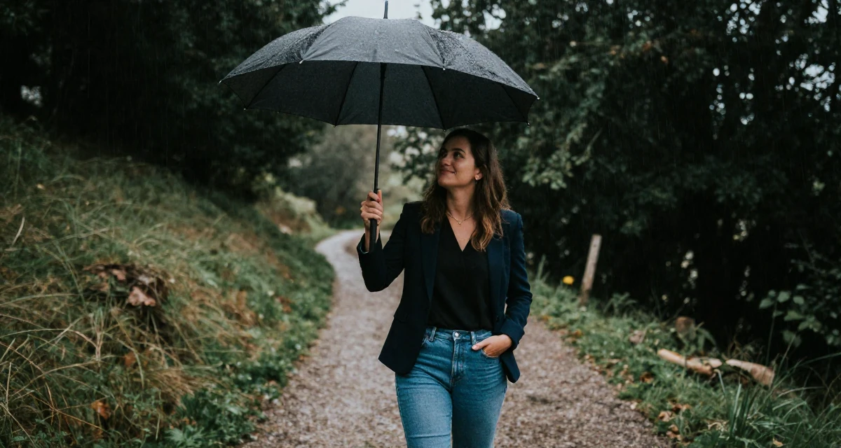 A charming Female From France, based in Lyon, graduated from an arts school majoring in fashion communication in their 28, leading a small team for the first time, wearing a business casual outfit with jeans and a blazer, shaking rain off an umbrella in a mountain trail.