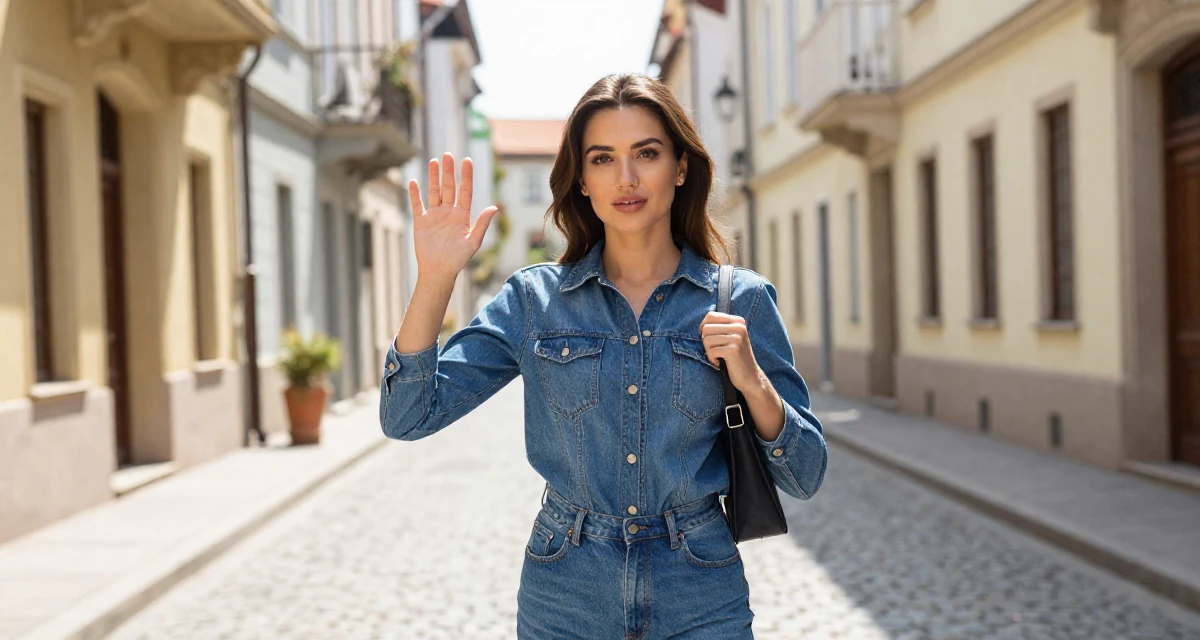 A steady Female From Romania, studied computer science in their 25, exploring soft-glam looks to elevate content quality, wearing a fashionable denim on denim, adjusting a shoulder strap in a quaint European street.