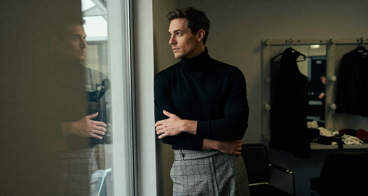 A zoned out male From Australia, studied event management in their 43, navigating the dating world with experience, wearing a classic black turtleneck tucked into a plaid midi skirt, checking a reflection in a window in a backstage dressing room.